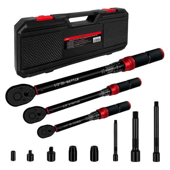 WETT 11Pcs Torque Wrench Set, 1/4'' & 3/8'' & 1/2'' Drive Click Torque Wrench, with Extension Bars & Adapters, Dual-Direction Adjustable Reversible 72-Tooth Ratchet Handle