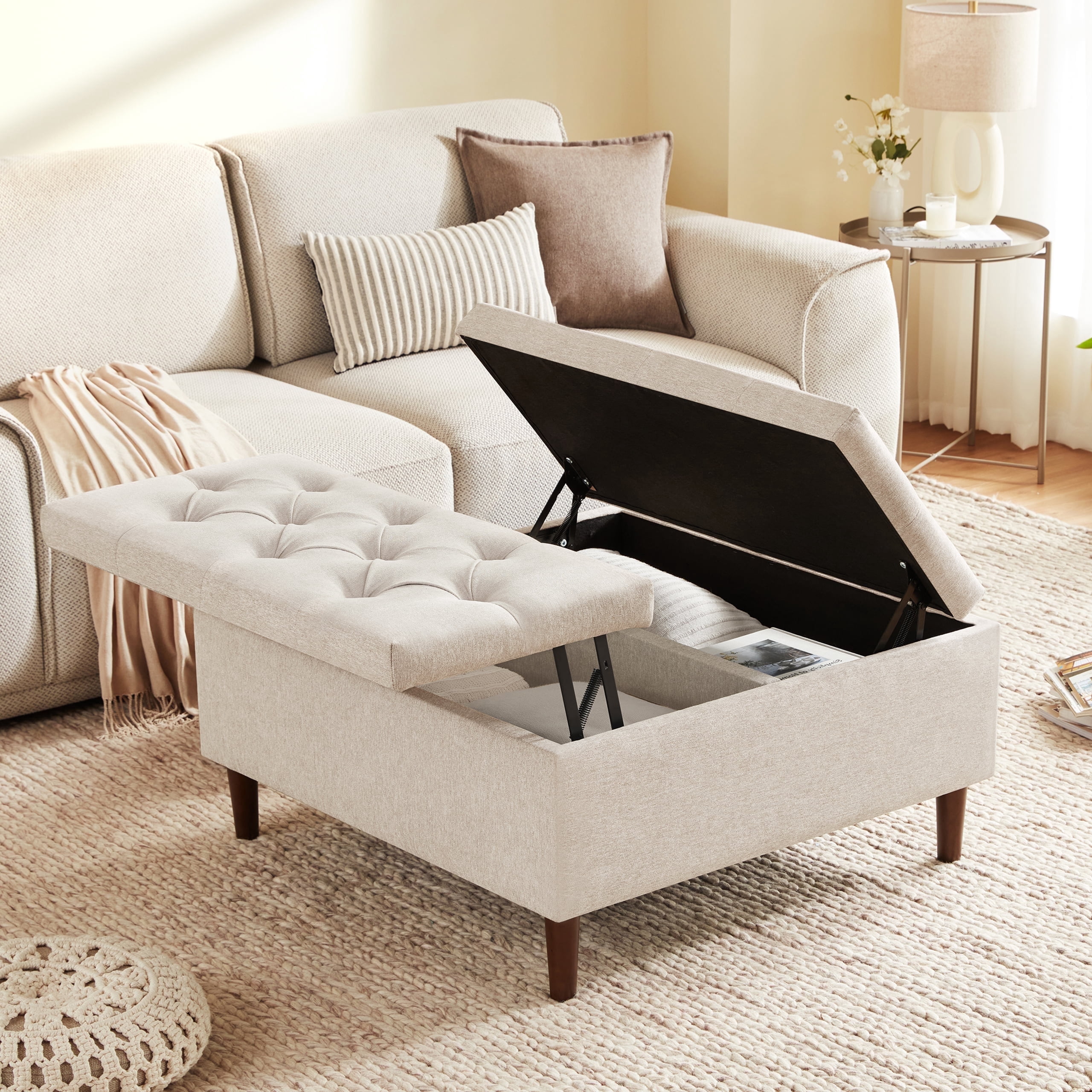 WETURE 35" Tufted Ottoman Coffee Table with Storage, Beige
