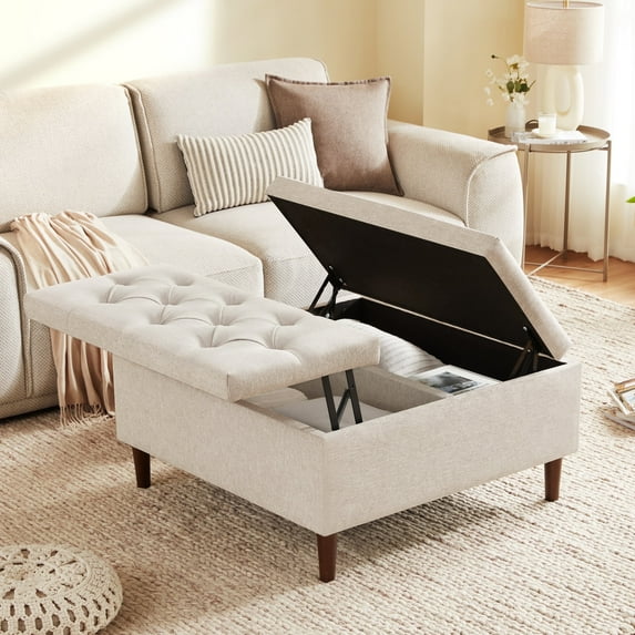 WETURE 35" Tufted Ottoman Coffee Table with Storage, Beige