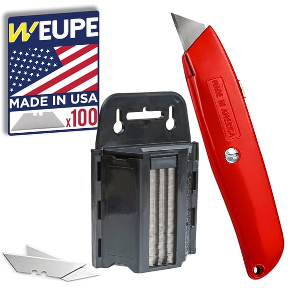 WEUPE Heavy Duty Utility Knife and Razor Blades with Dispenser - 100 Pack, Safety Box Opener, Cardboard Cutter, Best Utility Knife for Carpenter, Electrician and More, Tool Box Set and Kit