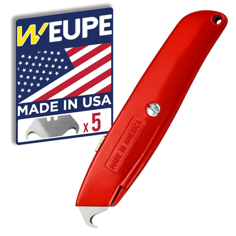 WEUPE Hook Blade Utility Knife with 5 Utility Hook Blades, Made in USA,  Heavy-Duty Retractable Razor Knife Set with Comfort Grip, Shingle Cutter