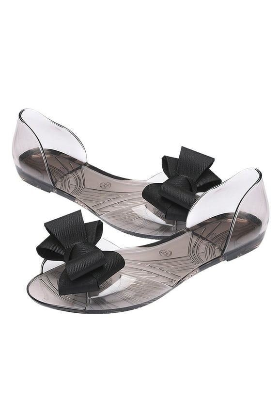 Women's Black Flat Jelly Shoes Footwear with Bowknot Design Comfortable Casual Sandals
