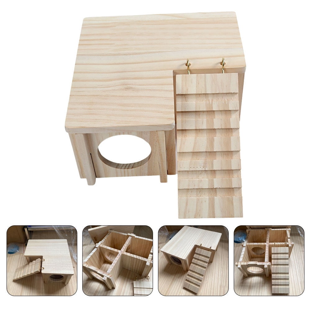View of WEUVEB 1 Set Hamster Hideout Wooden House Beige For Small Animals ...