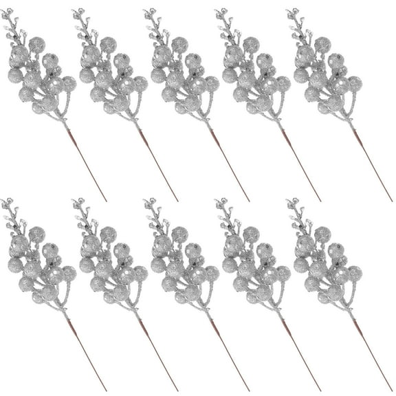 WEUVEB Artificial Berry Stems Silver Christmas Picks for Holiday Decoration 10Pcs