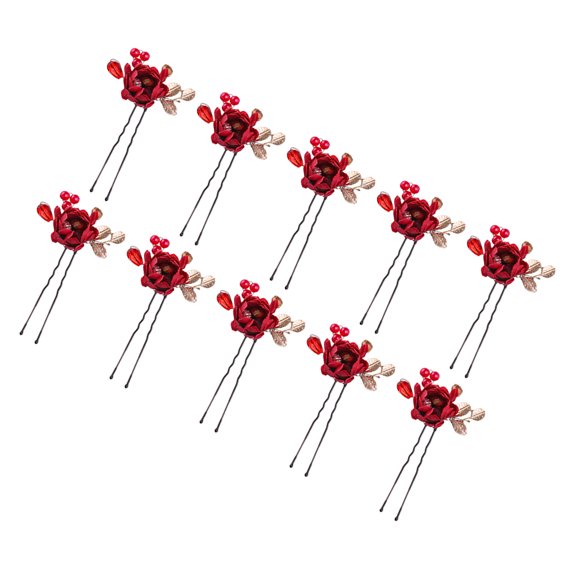 WEUVEB 10Pcs Retro Rose Design Red Hair Sticks Decorative Bridal Hairpins for Stylish Updo