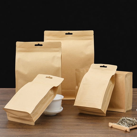 WEUVEB 10Pcs Beige Kraft Paper Bag Food Grade Self Sealing Pouch for Nuts Coffee Grain