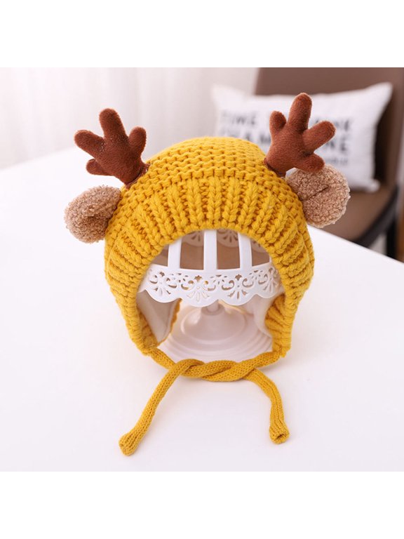 Knitted Deer Hat with Yellow Fleece Lining, Warm Winter Headwear for Children, Christmas Theme, 1 Pack