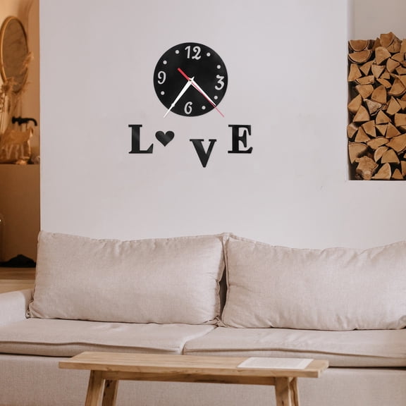 WEUVEB 1Set Black Frameless Wall Clock Sticker with Mirror Effect and Love Heart DIY Design