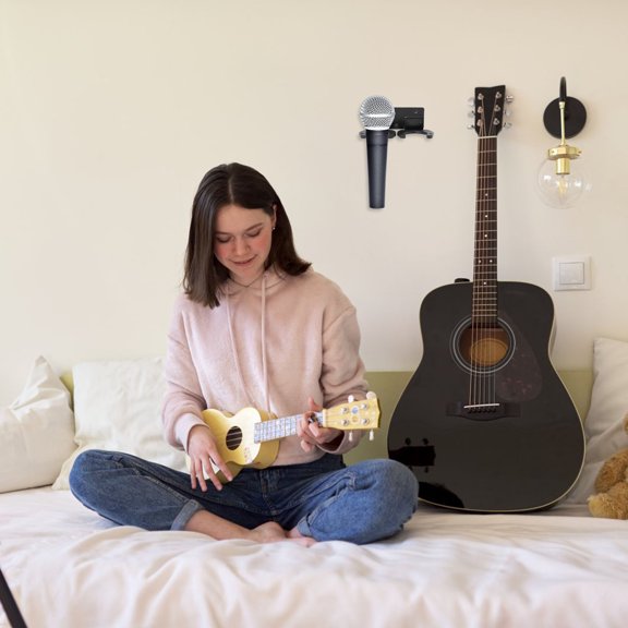 WEUVEB 1Set Practical Black Wall Microphone Support Rack Dual-Slot Mic Hanging Holder for Home Use