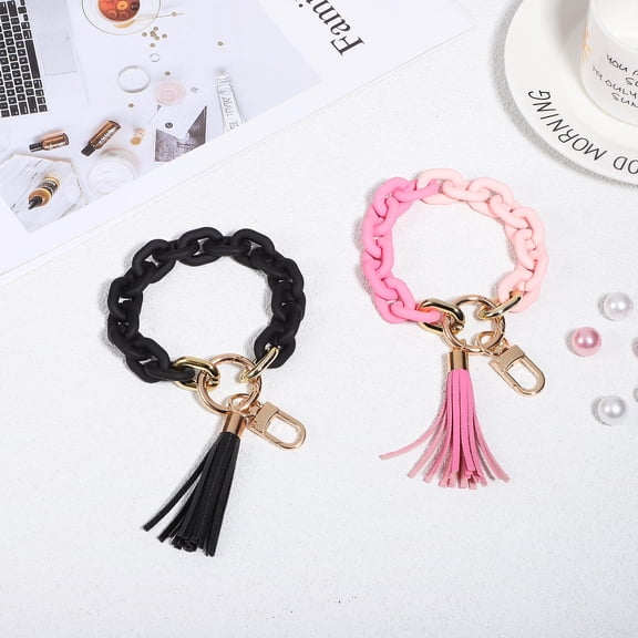 WEUVEB Black Acrylic Wrist Keychain Bracelets Set of 2, Wristlet Key Holders for Daily Use and Convenient Carrying