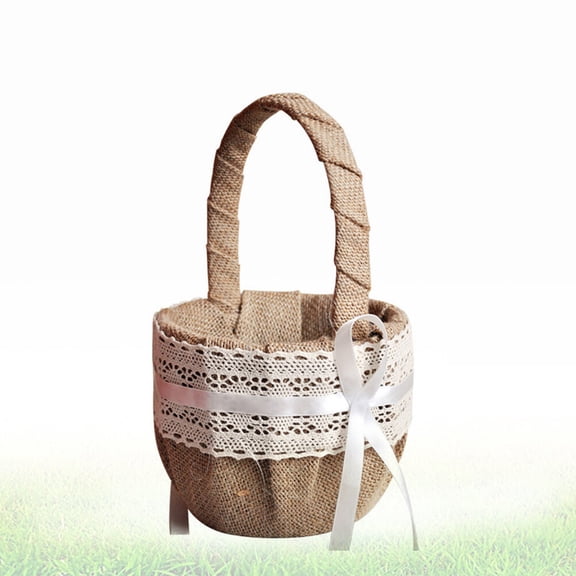 WEUVEB 2Pcs Beige Linen Lace Basket Wedding Flower Holder with Ribbon Bow for Special Events