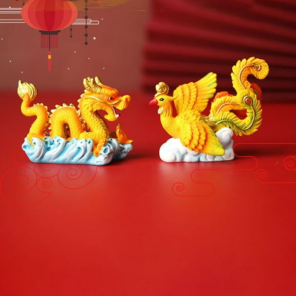 WEUVEB 2Pcs Dragon Phoenix Figurine Cartoon Ancient Style Resin Mini Animal For Baking Cake
