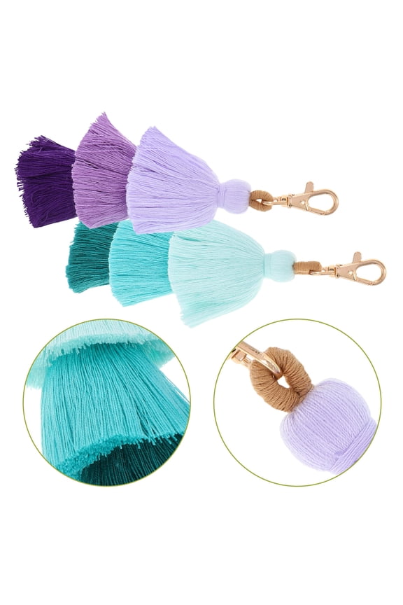 Tassel Keychain Set 2Pcs Cotton Zinc Alloy Boho Style Handbag Charm Accessories Assorted Colors