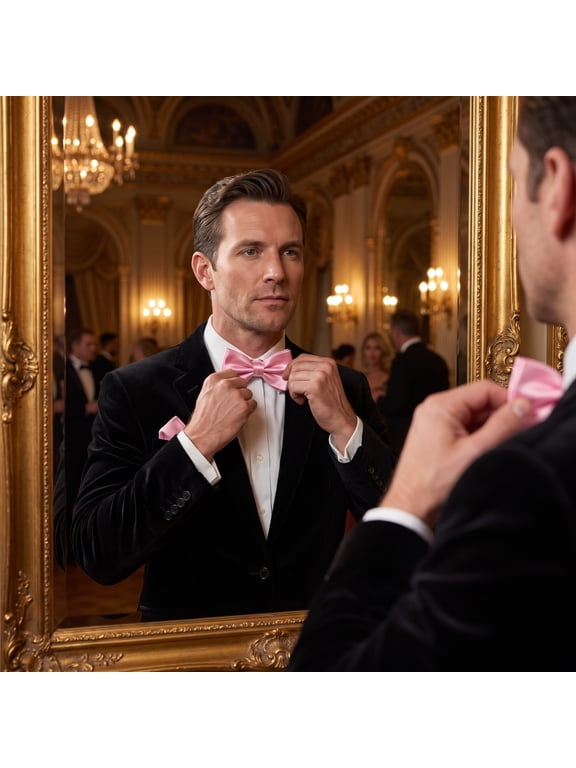 Mens Pre-Tied Pink Bow Tie and Pocket for Weddings and Business