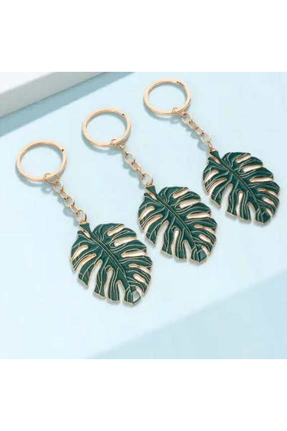 3Pcs Dark Green Plant Leaf Keychain Chic Hollow Design for Car Bag and Key Decoration