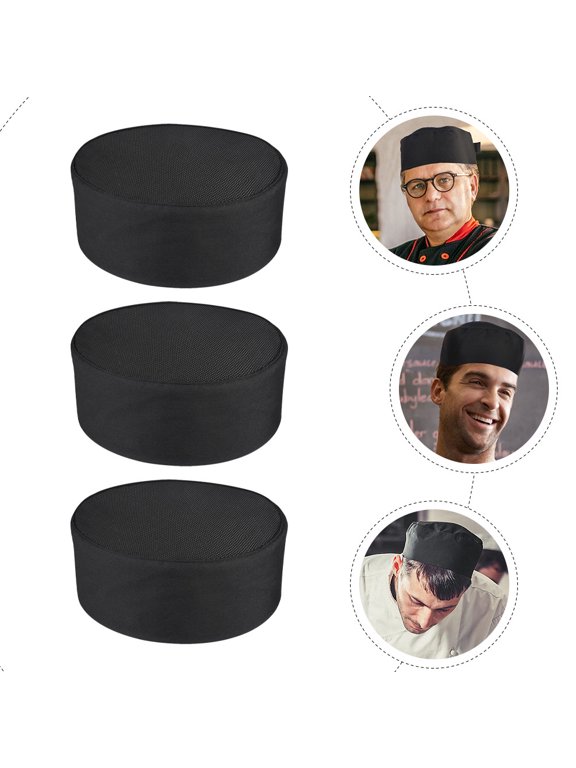 3Pcs Unisex Black Chef Caps Adjustable Breathable Mesh Kitchen Hats for Food Service