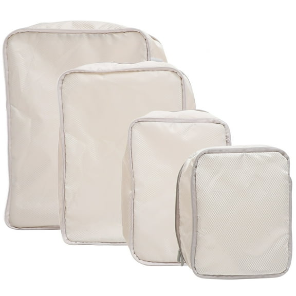 WEUVEB 4Pcs Beige Travel Compression Cubes with Bidirectional Zipper for Secure Items 13.8X10.6X3.5in
