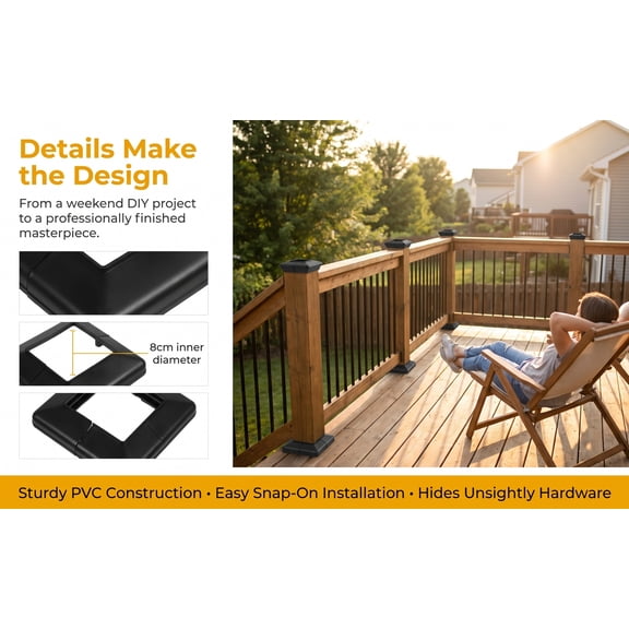 WEUVEB 4Pcs Black Deck Post Base Covers PVC Material for Porch Fence Column Wrap and Rail Trim