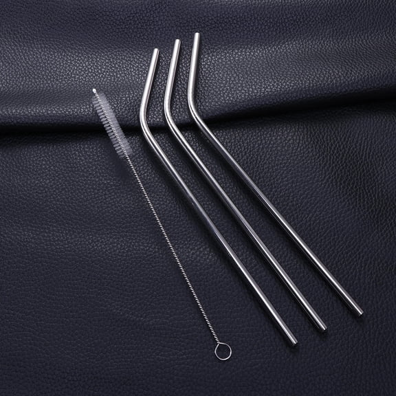 WEUVEB 4Pcs Stainless Steel Drinking Straws Set Reusable Curved Silver Straws with Cleaning Brush