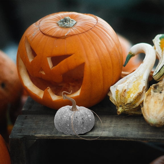 WEUVEB 6Pcs Plated Silver Glitter Simulation Foam Pumpkins for Hanging Decor and Autumn Display