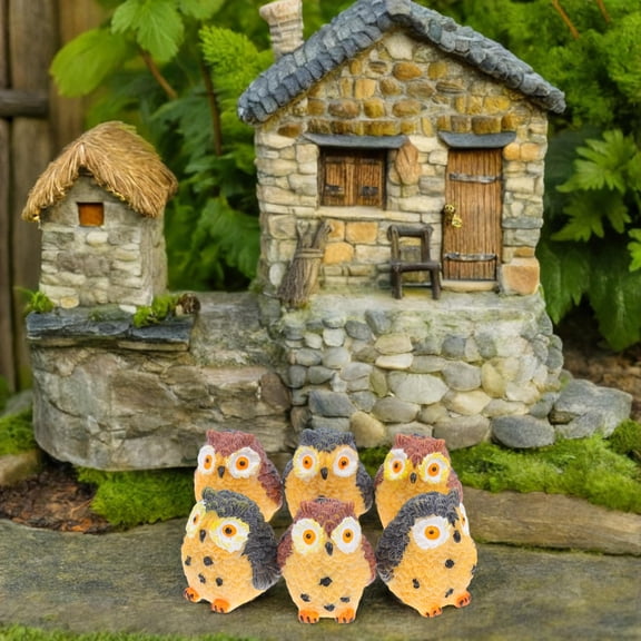 WEUVEB 6pcs Small Owl Figurine Resin Light Coffee Garden Decoration for Outdoor Garden Enhancement