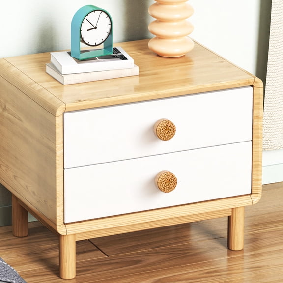 WEUVEB 8Pcs Round Rattan Drawer Pulls Beige Wood Knobs for Farmhouse Style Cabinet Doors