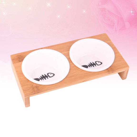 WEUVEB Bamboo Pet Table with 2 Durable Ceramic Bowls for Dogs and Cats Easy to Clean