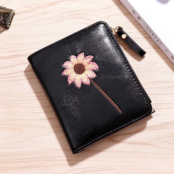 WEUVEB Black Foldable Coin Purse for Women's with Clear Layout and Flower Pattern, PU Material, Compact Design