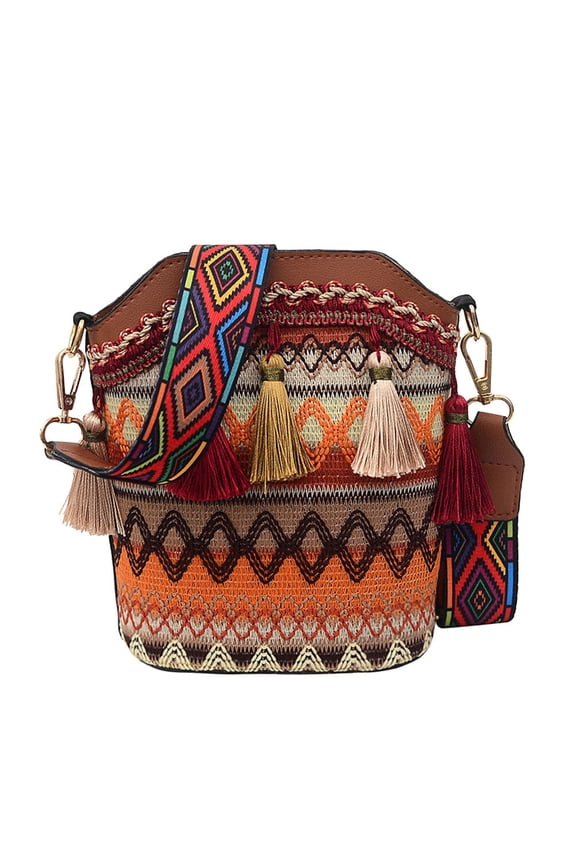Bohemia Brown Bucket Bag with Unique Weaving Design and Zipper Closure