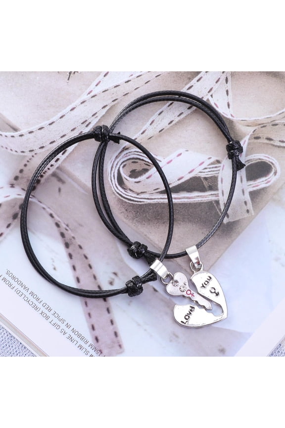 Braided Bracelet Nylon Adjustable Black Couple Charm Bracelet with Interlocking Heart
