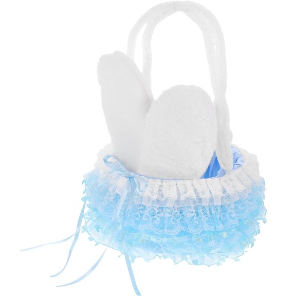 WEUVEB Bunny Ear Tote Basket Blue PU Fluffy Satin Wire for Storage Use