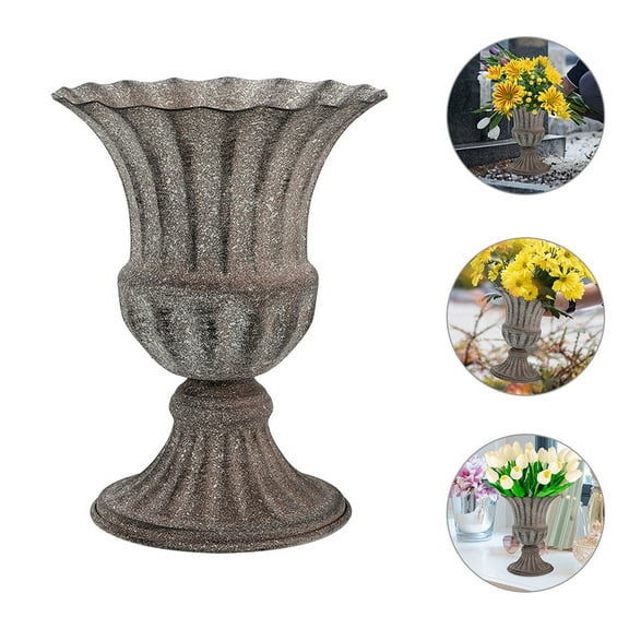 WEUVEB Dark Brown Iron Flower Vase for Cemetery Grave Decoration, Outdoor Urn Vase, 1 Set