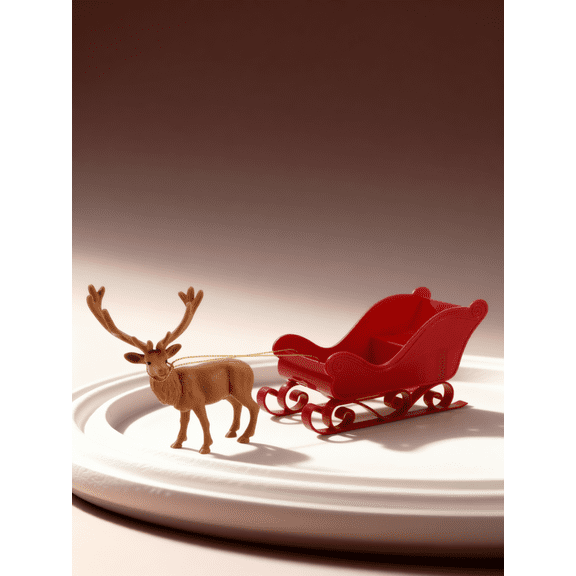 WEUVEB Christmas Santa Sleigh with Reindeer Figurine, Plastic Holiday Tabletop Prop Decor for Mantel, Shelf, Party Display