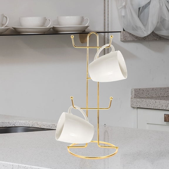WEUVEB Stylish Golden Iron Mug Tree Stand with 6 Hooks Coffee Cup Holder for Kitchen Counter and Coffee Bar Display