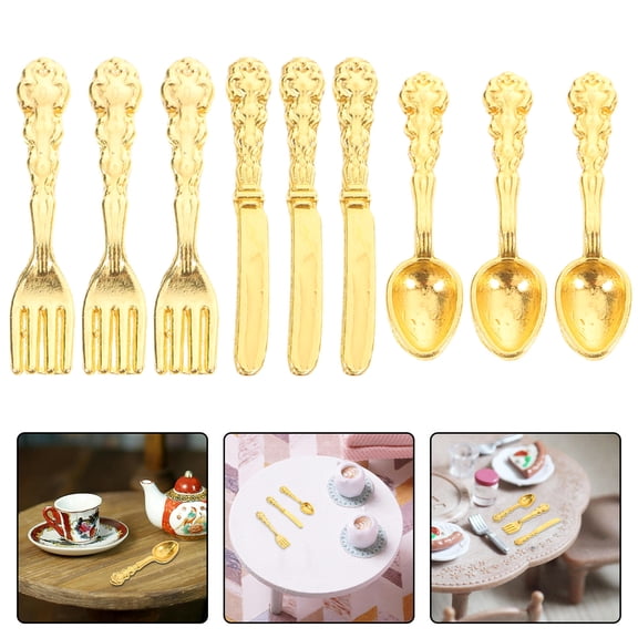 WEUVEB 36-Piece Golden Alloy Mini Dinner Set for Dollhouse Decor, Creative 1.5in Tableware Accessories
