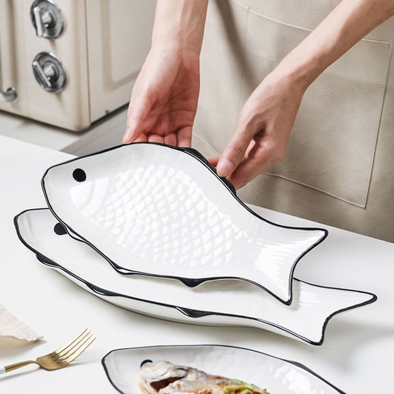 WEUVEB Home Use White Ceramic Steamed Fish Plate Fish Shape Serving and Storage