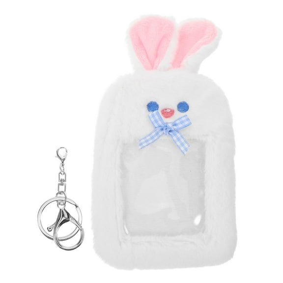 WEUVEB White Plush Card Organizer Keychain with Kawaii Design, Photo and ID Card Holder for Easy Storage