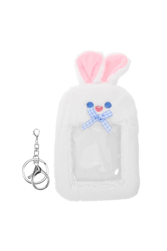 Cute White Plush Id Holder Keychain Portable Photo Card Organizer