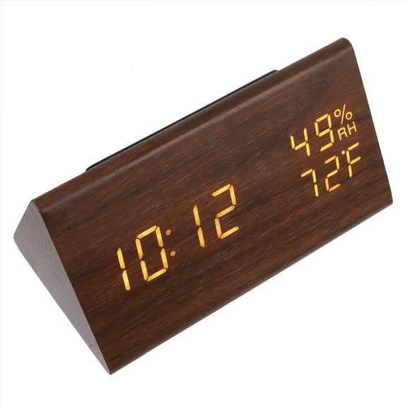 WEUVEB Brown Mdf Triangle Clock, Stylish Design, LED Time and Temperature