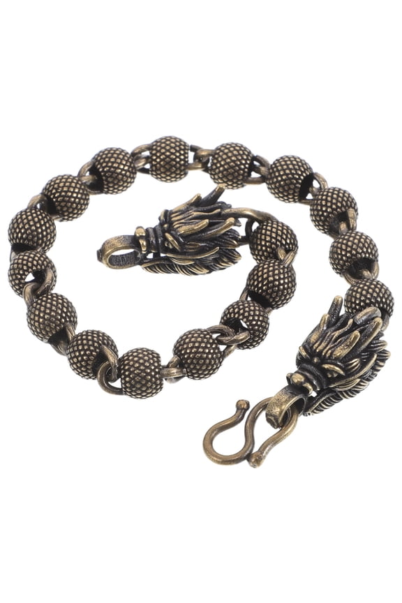 Mens Vintage Style Copper Chain Bracelet with Dragon Motif Smooth Matte Beads Accessory