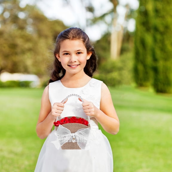 WEUVEB Handwoven Rustic Wedding Flower Basket in Linen with Bow for Indoor Outdoor Use
