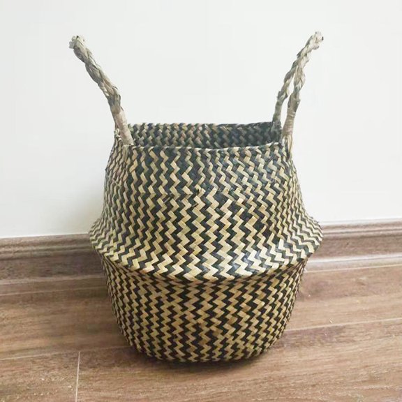 WEUVEB Olive Green Rattan Folding Storage Basket with Handles for Household Use and Decoration