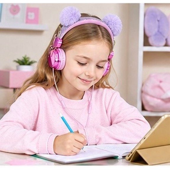 WEUVEB Pink Plush on Ear Headset for Music Listening Lightweight Durable Wired Headphones with 3.5mm Cable