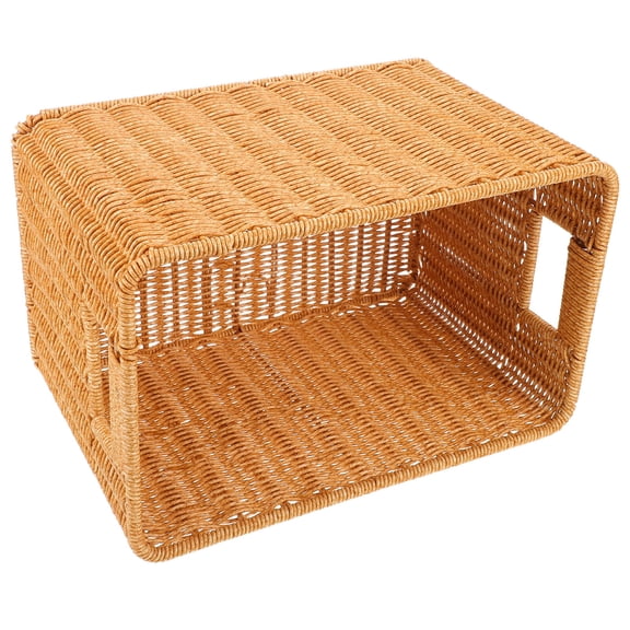 WEUVEB Rectangular Narrow Storage Basket in Khaki Faux Rattan for Kitchen Bathroom Bedroom