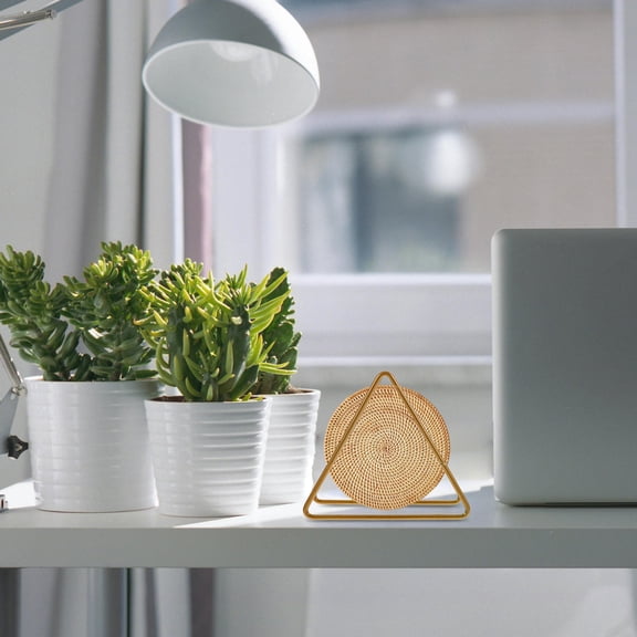 WEUVEB Sturdy Golden Iron Coaster Holder Rack for Home Use with Triangle Hollow Storage Design