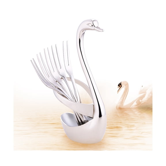 WEUVEB Swan Base Dinnerware Set Swan Forks and Spoons Holder for Fruit Dessert Flatware (Platinum + 5pcs Fruit Fork)
