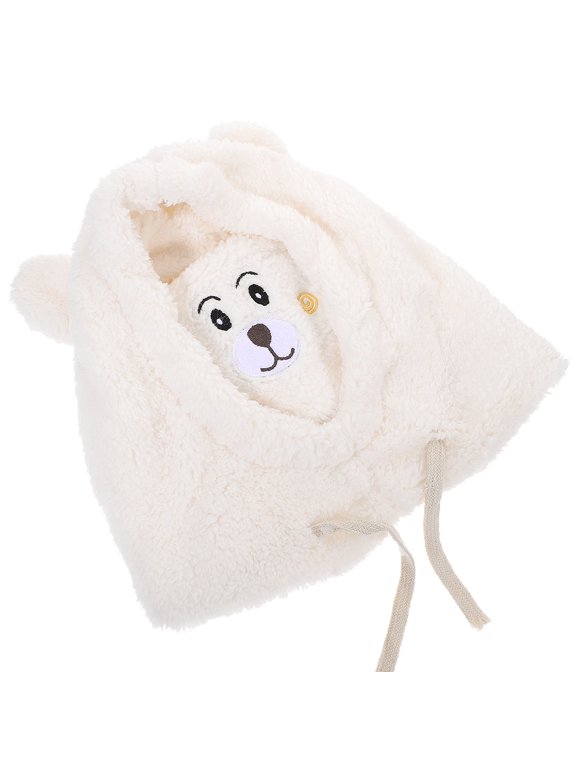 Women's White Plush Bear Winter Hat with Face , Animal Ear Hood, Soft Cosplay Headwear for Cold Weather