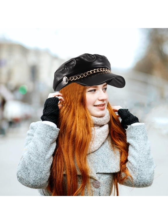 Women's Black PU Fiddler Cap with Chain, Adjustable Short Brim Newsboy Hat