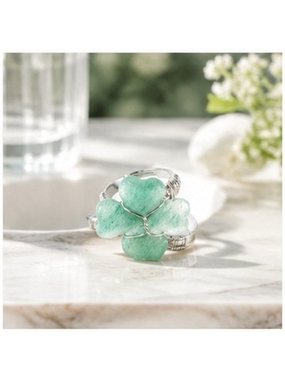 Womens Dainty Crystal Clover Ring Green Four Leaf Shamrock