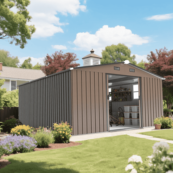 WEWORK 10x12 Outdoor Metal Storage Shed, Extra Large Waterproof Metal Tool Storage for Garden, Backyard, Patio, Lawn(Brown)